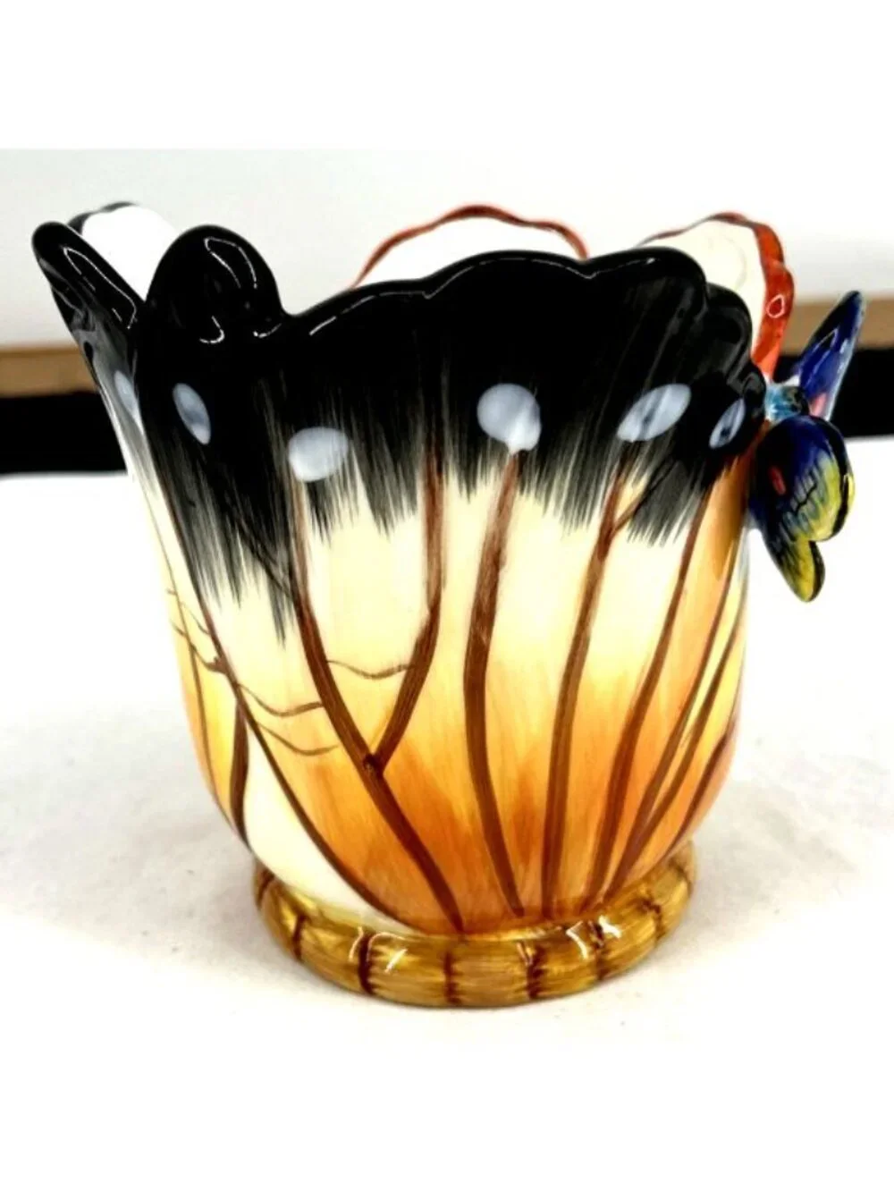 Butterfly Wings Vase Porcelain Majolica Orange Brown Blue Applied Butterfly 5.5